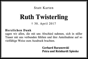 Traueranzeige von Ruth Twisterling von SYK