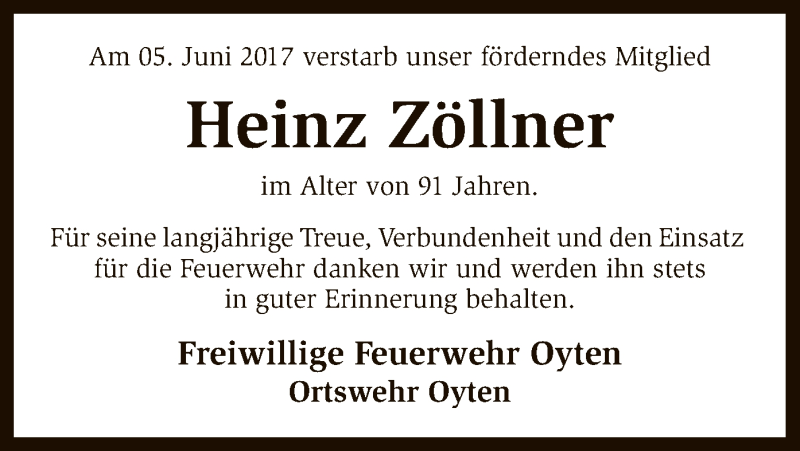  Traueranzeige für Heinz Zöllner vom 12.06.2017 aus SYK