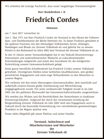 Traueranzeige von Friedrich Cordes von SYK