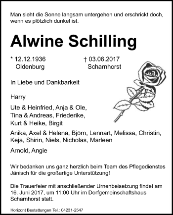 Traueranzeige von Alwine Schilling von SYK