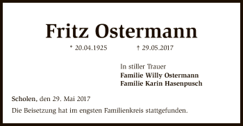 Traueranzeige von Fritz Ostermann von SYK