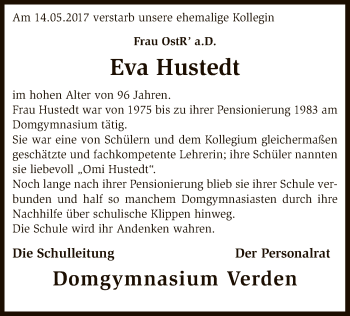 Traueranzeige von Eva Hustedt von SYK