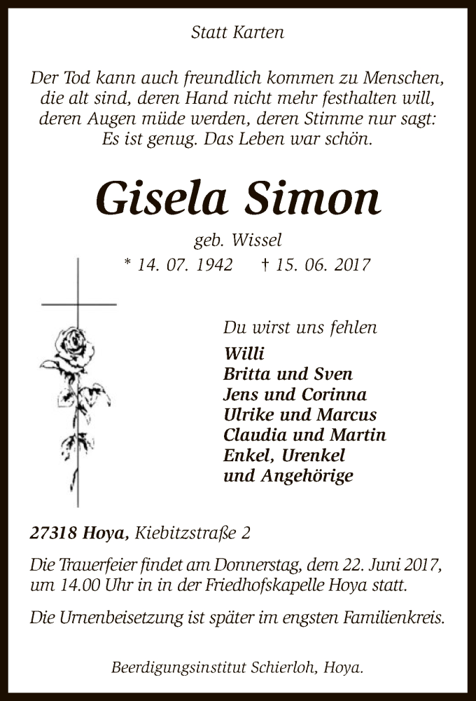  Traueranzeige für Gisela Simon vom 19.06.2017 aus SYK