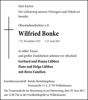 Traueranzeige von Wilfried Bonke von SYK