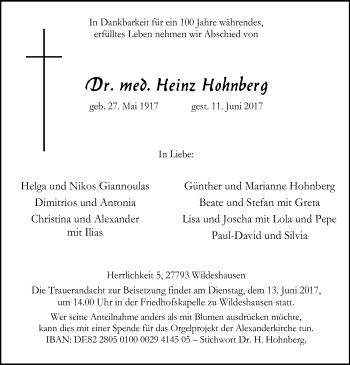 Traueranzeige von Heinz Hohnberg von SYK