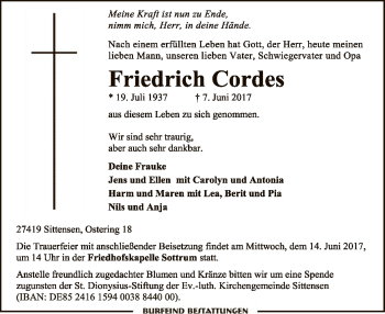 Traueranzeige von Friedrich Cordes von SYK