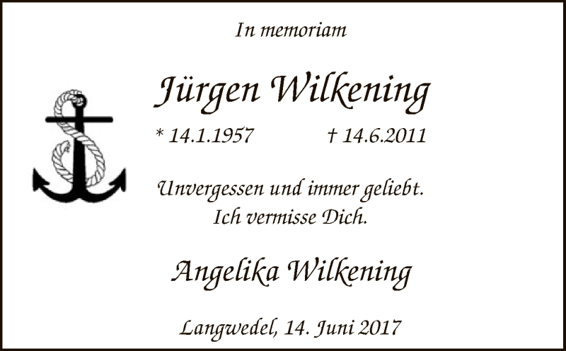  Traueranzeige für Jürgen Wilkening vom 14.06.2017 aus SYK