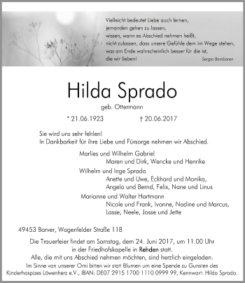 Traueranzeige von Hilda Sprado von SYK