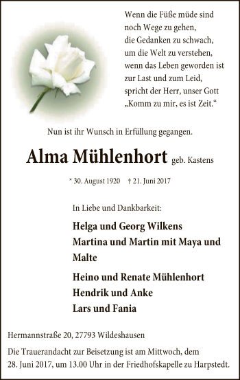 Traueranzeige von Alma Mühlenhort von SYK
