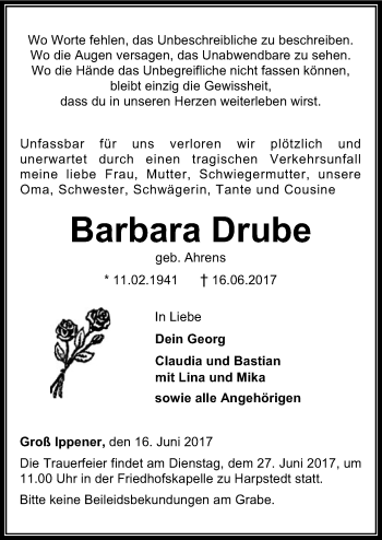 Traueranzeige von Barbara Drube von SYK