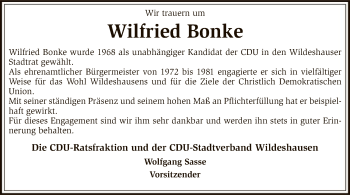 Traueranzeige von Wilfried Bonke von SYK