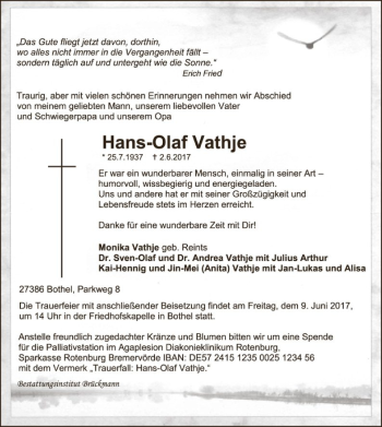 Traueranzeige von Hans-Olaf Vathje von SYK