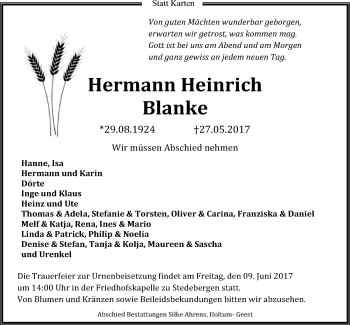 Traueranzeige von Hermann Heinrich Blanke von SYK