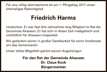 Traueranzeige von Friedrich Harms von SYK