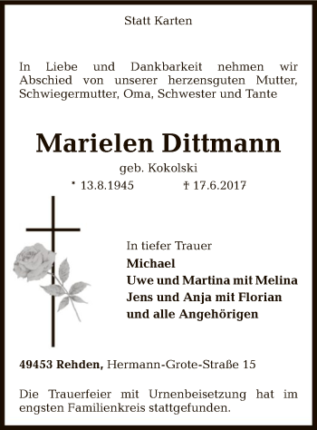 Traueranzeige von Marielen Dittmann von SYK