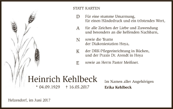 Traueranzeige von Heinrich Kehlbeck von SYK