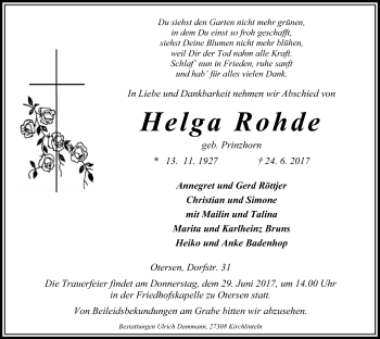 Traueranzeige von Helga Rohde von SYK