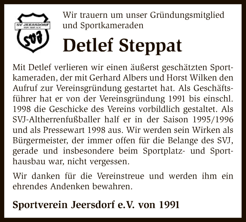  Traueranzeige für Detlef Steppat vom 22.06.2017 aus SYK