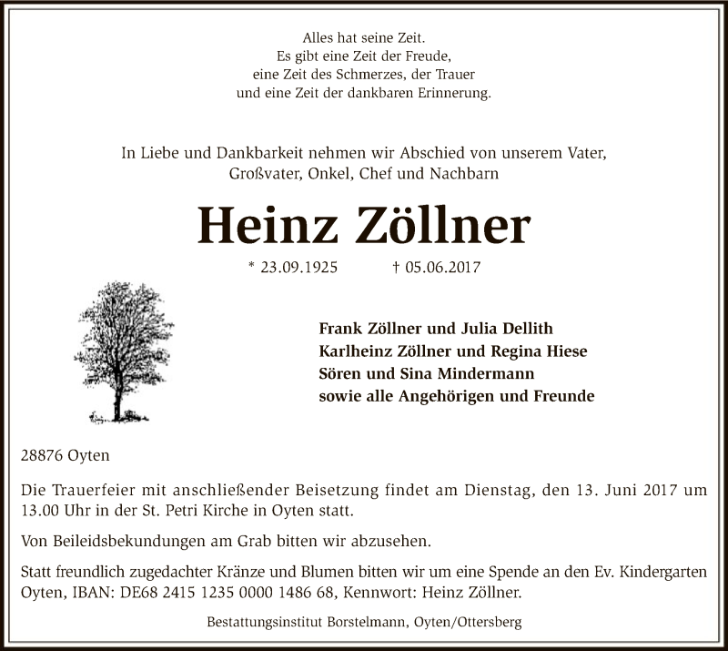  Traueranzeige für Heinz Zöllner vom 08.06.2017 aus SYK