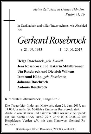 Traueranzeige von Gerhard Rosebrock von SYK