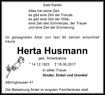 Traueranzeige von Herta Husmann von SYK