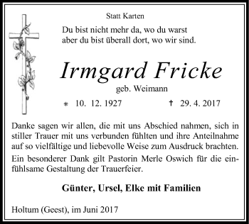 Traueranzeige von Irmgard Fricke von SYK