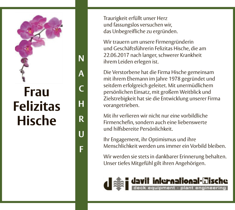  Traueranzeige für Felizitas Hische vom 28.06.2017 aus SYK