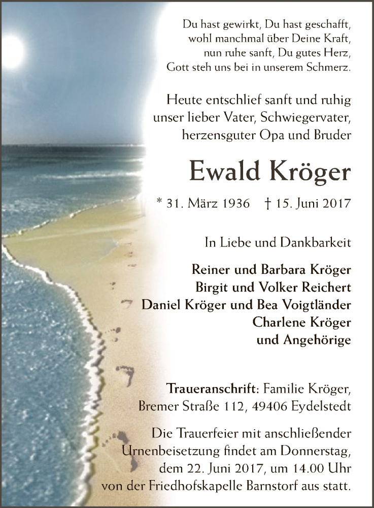  Traueranzeige für Ewald Kröger vom 17.06.2017 aus SYK
