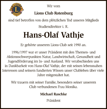 Traueranzeige von Hans-Olaf Vathje von SYK