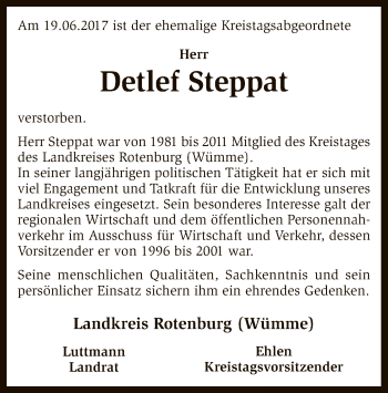 Traueranzeige von Detlef Steppat von SYK