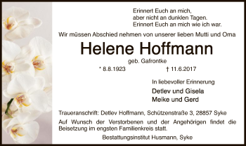 Traueranzeige von Helene Hoffmann