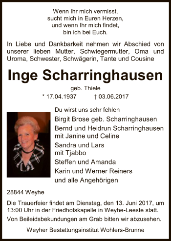 Traueranzeige von Inge Scharringhausen von SYK