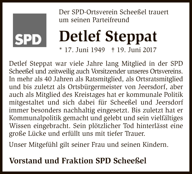  Traueranzeige für Detlef Steppat vom 22.06.2017 aus SYK