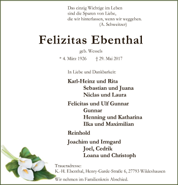 Traueranzeige von Felizitas Ebenthal von SYK