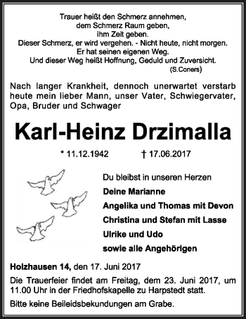 Traueranzeige von Karl-Heinz Drzimalla von SYK