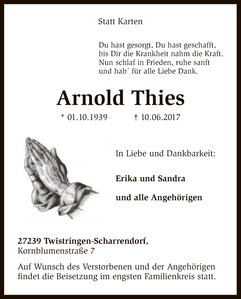  Traueranzeige für Arnold Thies vom 12.06.2017 aus SYK