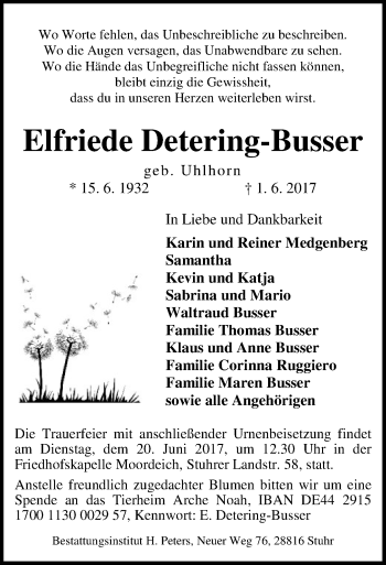 Traueranzeige von Elfriede Detering-Busser von SYK