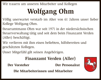 Traueranzeige von Wolfgang Ohm von SYK