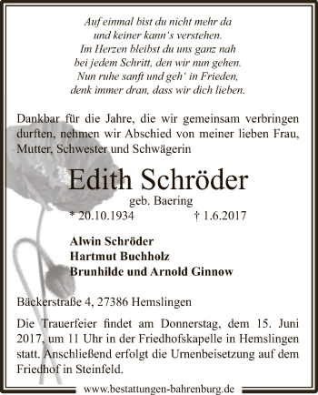 Traueranzeige von Edith Schröder von SYK