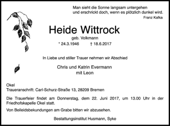 Traueranzeige von Heide Wittrock von SYK