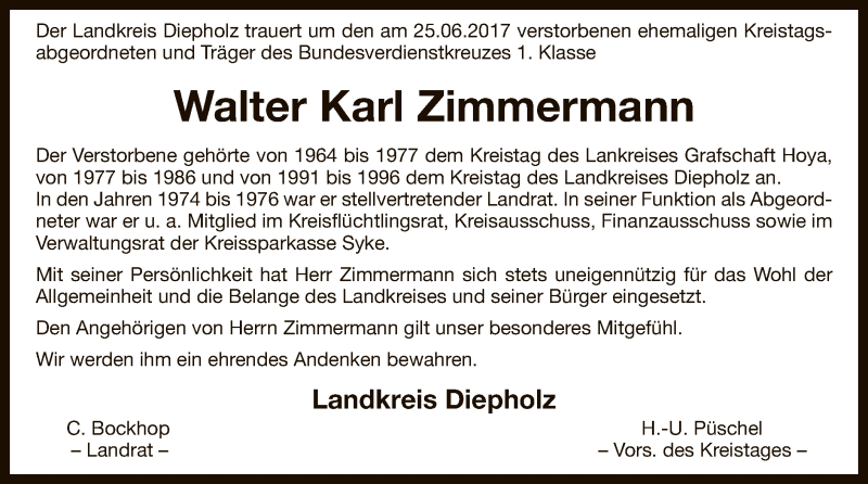  Traueranzeige für Walter Zimmermann vom 29.06.2017 aus SYK