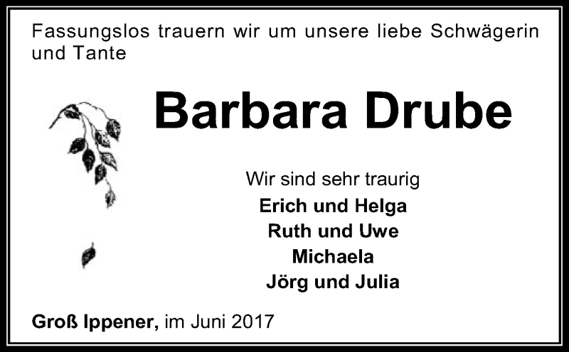  Traueranzeige für Barbara Drube vom 21.06.2017 aus SYK