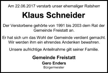 Traueranzeige von Klaus Schneider von SYK