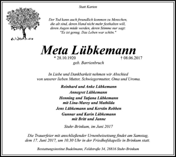 Traueranzeige von Meta Lübkemann von SYK