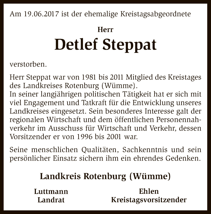  Traueranzeige für Detlef Steppat vom 23.06.2017 aus SYK