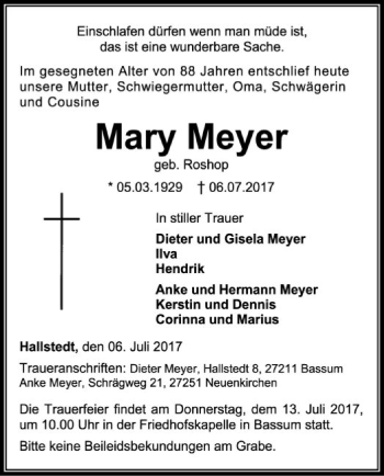 Traueranzeige von Mary Meyer von SYK