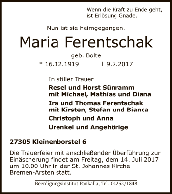 Traueranzeige von Maria Ferentschak von SYK