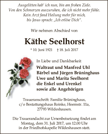 Traueranzeige von Käthe Seelhorst von SYK