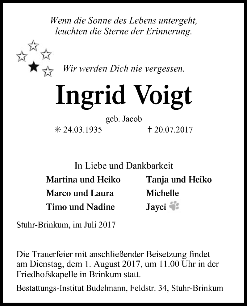  Traueranzeige für Ingrid Voigt vom 26.07.2017 aus SYK