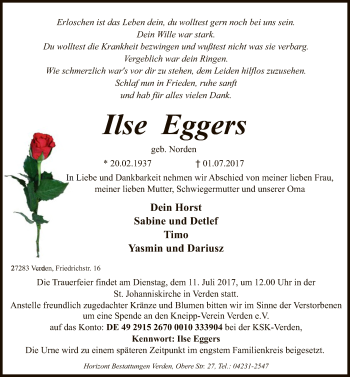 Traueranzeige von Ilse Eggers von SYK